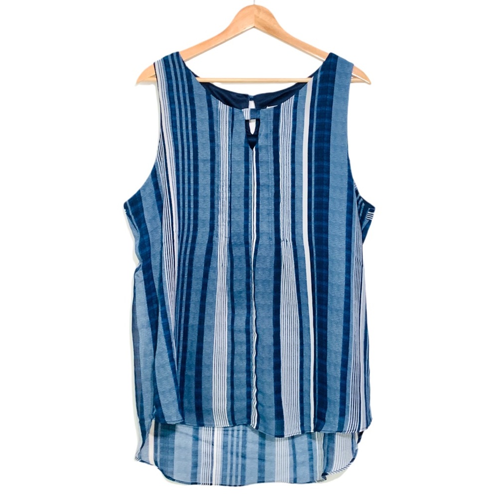 Christopher & Banks Blue Striped Sleeveless Top Pin Tuck Pleating Size Large